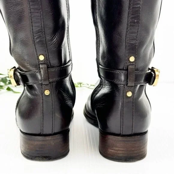 Tory Burch The Eloise Tall logo Riding Boot Leather Deep Brown w Gold details 7 - Picture 6 of 11